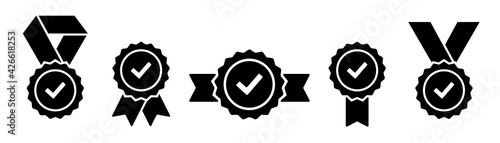 Approval vector icon. Approved stamp or medal. Certificate symbols isolated on white background. Set premium quality badges with ribbons. Vector illustration.
