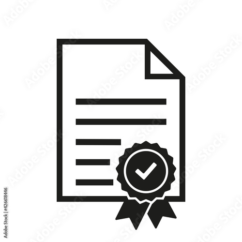 Approval paper document vector icon. Verification symbol. Approved document with check mark isolated on white background. File page vector design element.