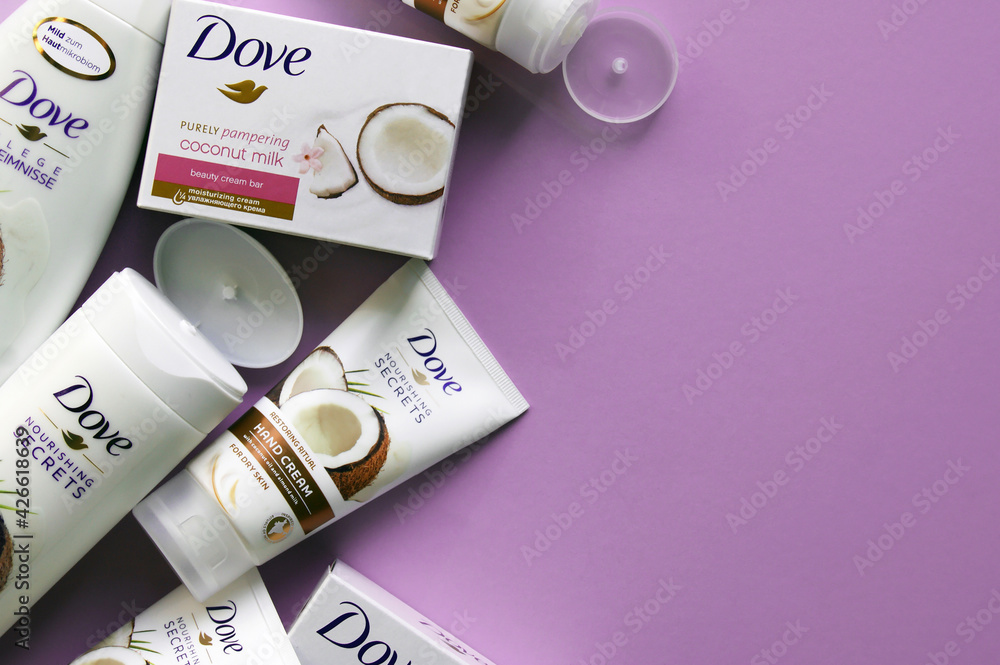 Dove products, shower gel, shampoo, body milk, soap, hand cream with  coconut milk. Photos | Adobe Stock