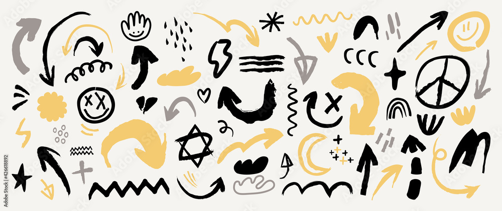 Obraz premium Vector Arrow doodle design vector. Hand drawn Old school tattoo vector elements. Trendy hipster icon funny design with brush and texture. Cartoon elements.
