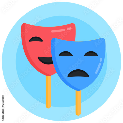 
Comedy masks icon in flat round design, sad and happy face masks 

