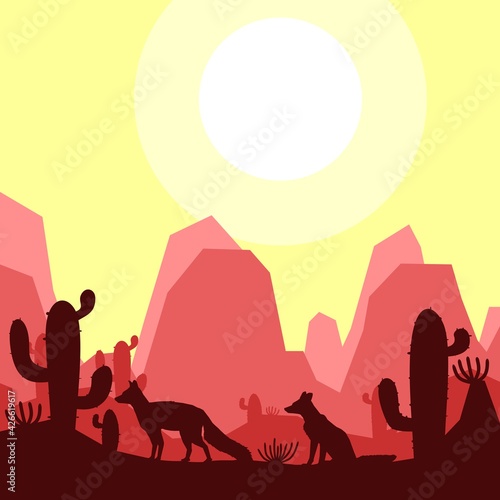fox animal silhouette desert savanna landscape flat design vector illustration