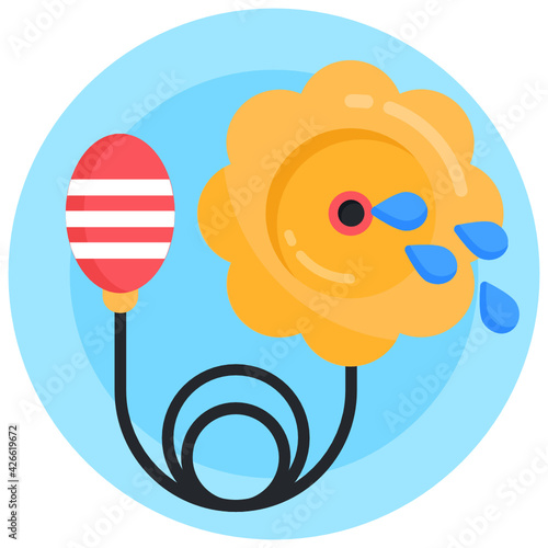 
Squirt flower prank, water pump with flower, flat icon

