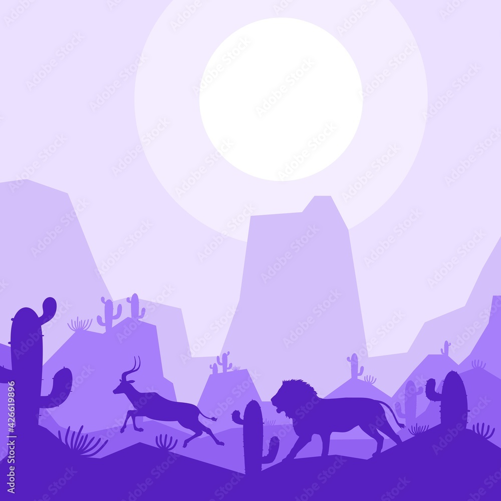 lion hunt antelope deer animal silhouette desert savanna landscape flat design vector illustration lion hunt antelope deer animal silhouette desert savanna landscape flat design vector illustration