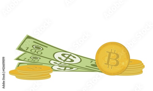 Image of bitcoin cryptocurrency and dollar fiat currency. Symbols of modern money investment and investment. Vector illustration of cash and virtual money.