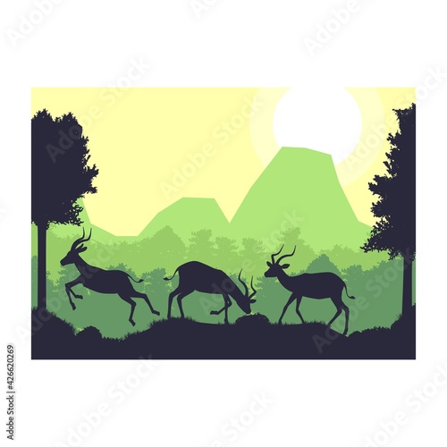 antelope impala deer animal silhouette forest mountain landscape flat design vector illustration