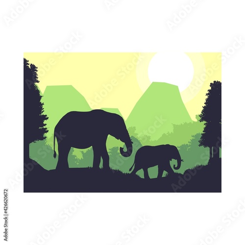 elephant animal silhouette forest mountain landscape flat design vector illustration