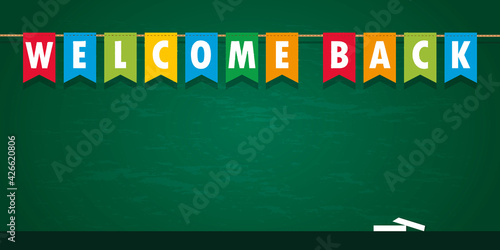 welcome party flag banner on school black board background