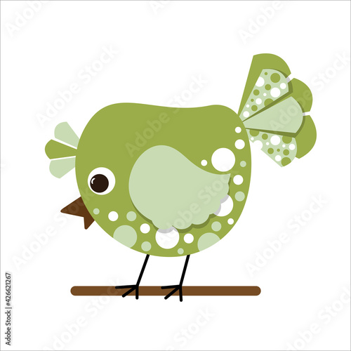 Cute green bird with a print on the abdomen and tail, illustration, circles of different sizes and colors