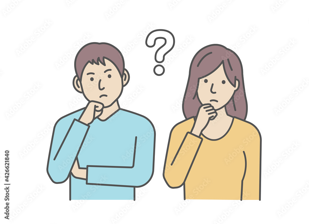 Illustration of a young man and woman (couple / family) having a question Illustration of a young man and woman (couple / family) having a question
