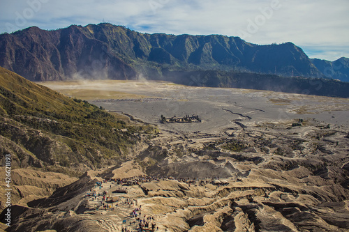 View from the top of Mount Bromo on people descending from the crater of this volcano, Bromo Tengger Semeru National Park photo