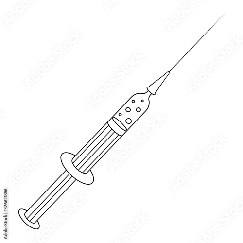 Syringe with a vaccine. An injection. Sketch. A drug for the immunization of the human body. Vector illustration. Injection with a sharp needle. Inject liquid medicine from a syringe. Coloring book.
