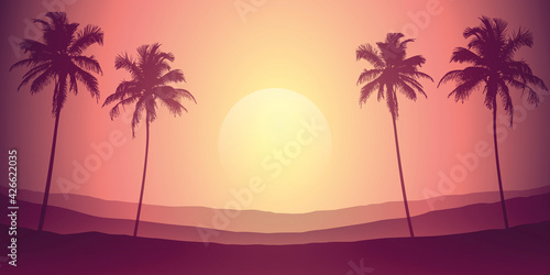 tropical night landscape with palm trees and mountains