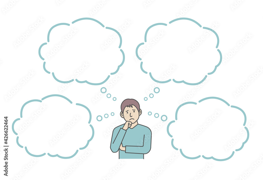 Vector Illustration of young man in trouble or confused with speech bubbles.
