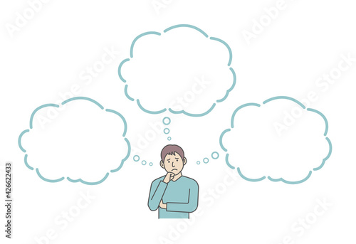 Vector Illustration of young man in trouble or confused with speech bubbles.