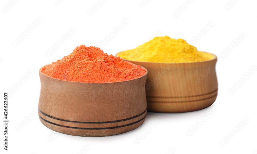 Colorful powder dyes in bowls on white background. Holi festival Colorful powder dyes in bowls on white background. Holi festival