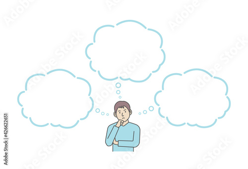 Vector illustration of a thinking man with speech bubbles.