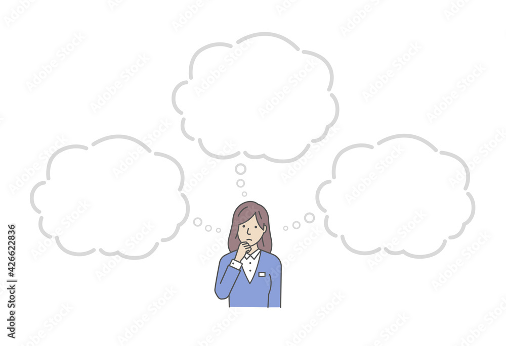 Vector illustration of a thinking businesswoman with speech bubbles. Vector illustration of a thinking businesswoman with speech bubbles.
