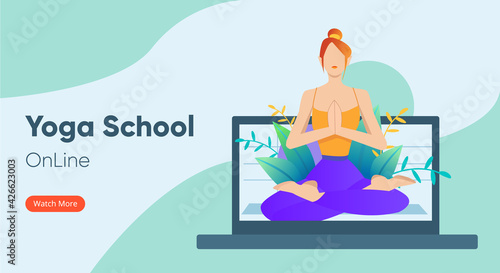 Online yoga and meditation classes. Woman sitting at home and meditate in lotus pose. Vector flat  illustration for banner, web page, social media