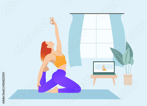 Yoga online concept. Yoga pose, girl is doing physical exercises and watching online classes on laptop. Online yoga with instructor at home. Editable vector illustration