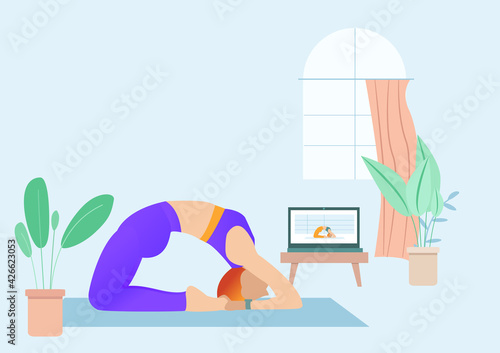 Yoga online concept. Yoga wheel pose, girl is doing physical exercises and watching online classes on laptop. Online yoga with instructor at home. Editable vector illustration
