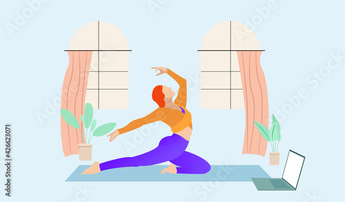 Yoga online concept. Yoga pose, girl is doing physical exercises and watching online classes on laptop. Online yoga with instructor at home. Editable vector illustration