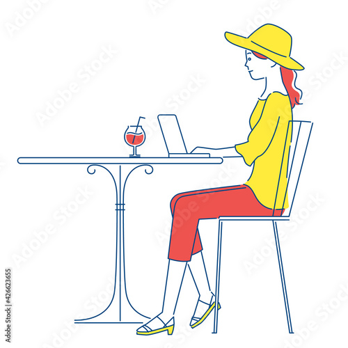 ワーケーション／リゾート地でリモートワークする女性／3色