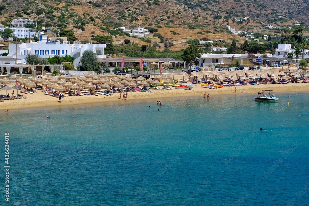 Panoramic view of the amazing sandy beach of mylopotas in Ios Greece