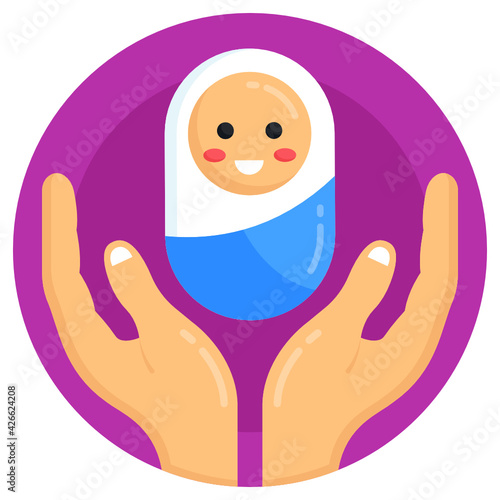 
Baby in hands, flat round icon of baby care

