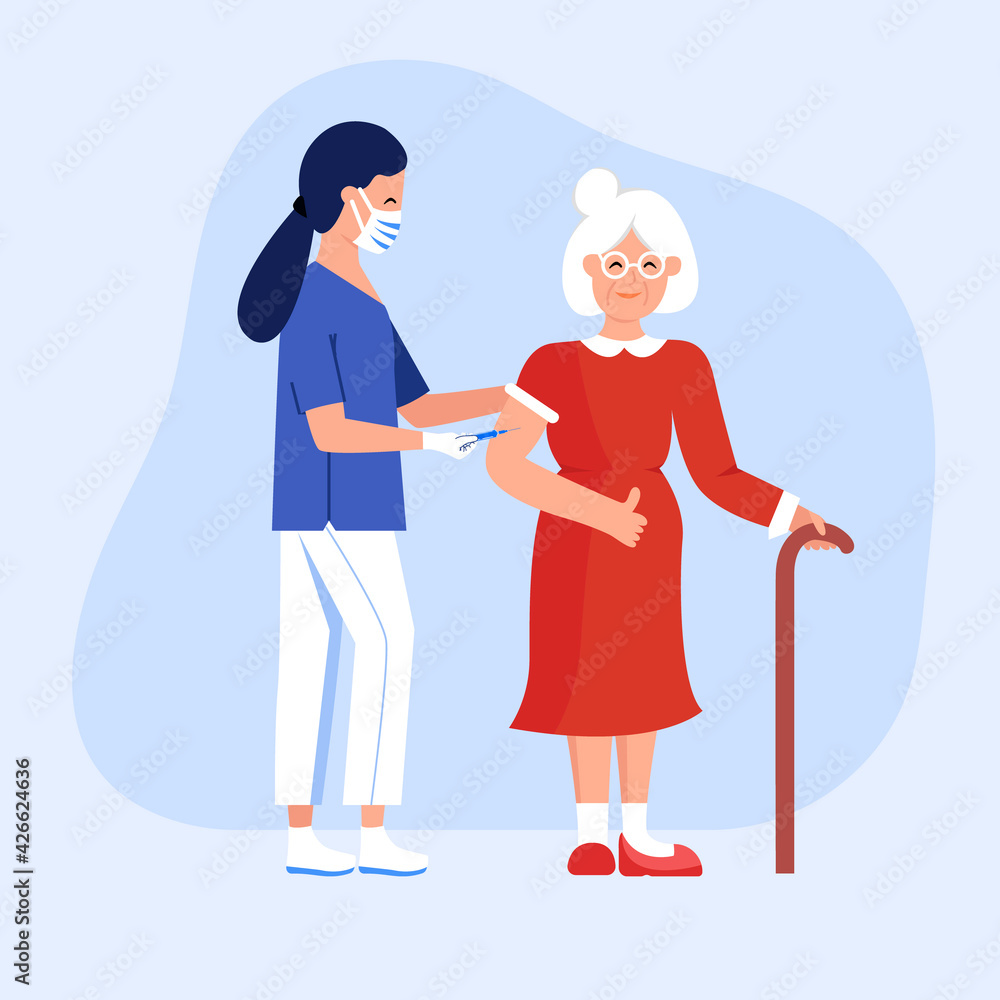 Vaccination for senior woman. Nurse with a syringe vaccinates an elderly person. An injection of an antiviral vaccine. Colored vector illustration in flat style for poster, flyer, banner, etc. Eps 10 Vaccination for senior woman. Nurse with a syringe vaccinates an elderly person. An injection of an antiviral vaccine. Colored vector illustration in flat style for poster, flyer, banner, etc. Eps 10