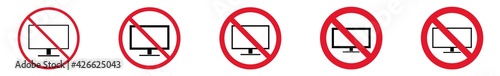 Prohibition Sign Screen Forbidden Icon Set | Television TV Monitor Prohibition Signs Prohibited Vector Illustration Logo | Computer Display Prohibition Sign Isolated Collection
