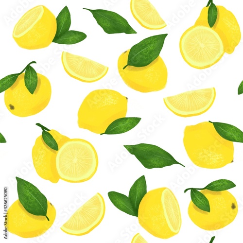 bitmap image of yellow lemons, lemon slices and leaves on a white background, pattern. Bright juicy image. Digital imitation of a pencil. Design for wallpaper, fabrics, textiles. 