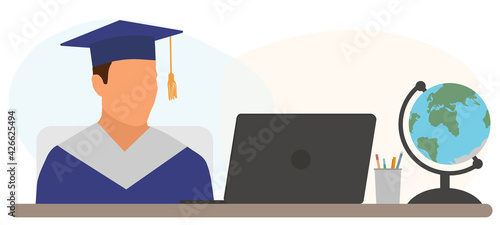 Virtual online graduation. Graduate boy is sitting at desk in front of laptop at home in graduation ceremony. Vector illustration.