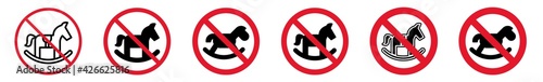 Prohibition Sign Toy Playing Forbidden Icon Set | Rocking Horse Prohibition Signs Prohibited Vector Illustration Logo | Rocking Horse Play Prohibition Sign Isolated Collection