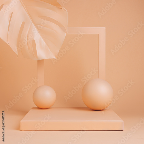 Luxury podium with frame, palm leaf and ball sphere on orange background. Concept scene stage showcase for product, promotion, sale, presentation or cosmetic. Minimal showcase empty mock up template.