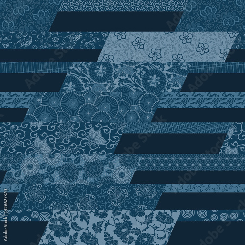 Japanese traditional style fabric patchwork wallpaper  abstract floral vector  seamless pattern 