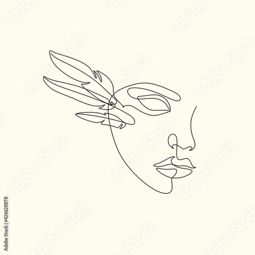 Woman's head with wings. One line drawing art. Freehand black and white outline. Vector illustration