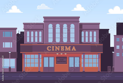 Cinema building vector illustration on background of city. Movie theater and houses exterior view in flat style.