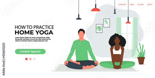 Online Yoga Classes, a man and an African woman sitting in a lotus pose. Banner for online yoga. Vector illustration, eps 10
