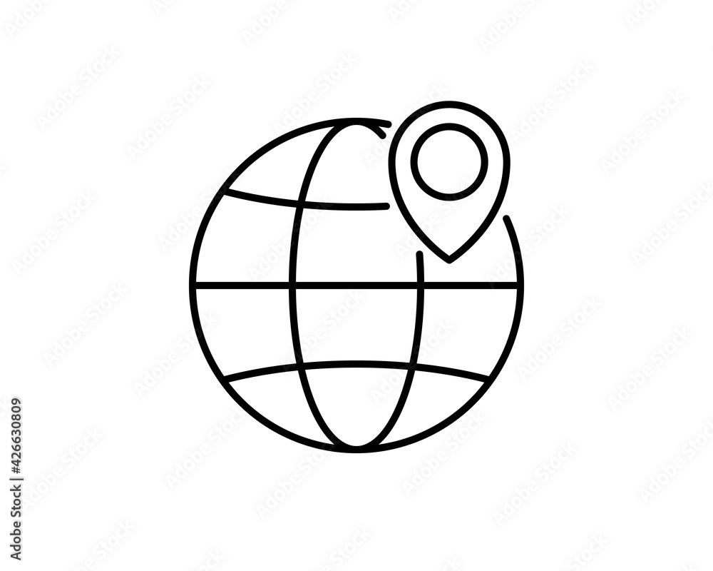 Globe web icon and location pin. Planet earth icon set with pointer pin. Globe and location icon, outline style Globe web icon and location pin. Planet earth icon set with pointer pin. Globe and location icon, outline style