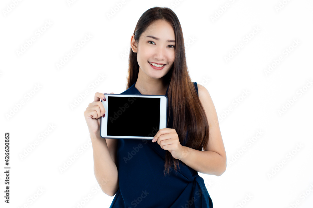 Young Asian woman showing tablet to camera Young Asian woman showing tablet to camera