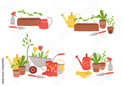 Set of compositions from garden tools. Concept of love for gardening, planting seedlings, yard care, farming as a hobby. Vector illustration in flat style isolated on white background