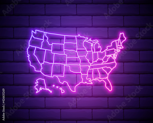 United States map glowing neon lamp sign. Realistic vector illustration. Purple brick wall, violet glow.