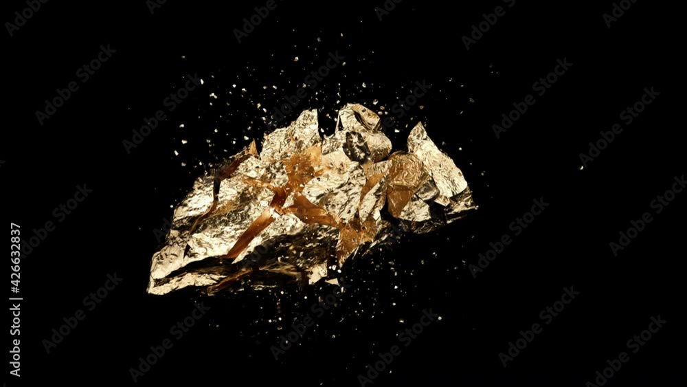 Glitter Golden Stone Nugget Cracked and Explode on Black Background. Close-up Details of Big Gold Rock Ore. Concept Rich Capital. Gold Metal Reflection Stylish Art Backdrop Slow Motion Blast Footage