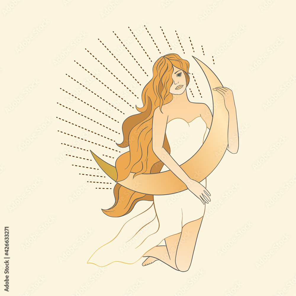 Celestial feminine blonde girl lady sacred woman astrology boho esoteric golden art. Woman with moon and star poster. Celestial feminine blonde girl lady sacred woman astrology boho esoteric golden art. Woman with moon and star poster.