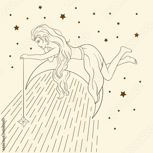 Card astrology woman poster. Celestial sacred boho lady line art. Esoteric linear moon star magic beautiful vector.