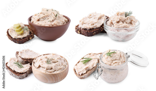 Set with delicious lard spread and sandwich on white background