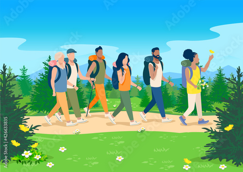 Vector illustration friends go hiking along a path through a forest flowering meadow against the backdrop of a beautiful landscape. Boys and girls travel and relax together. Active lifestyle.