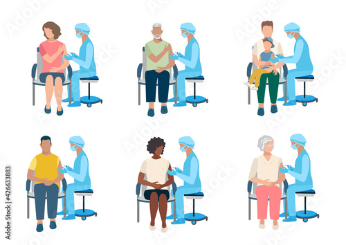 Vector set of a nurse with a syringe in her hand vaccinates people of different ages, race, gender. The elderly, adults and children will receive the vaccine. Stop the epidemic. Thanks to doctors and 