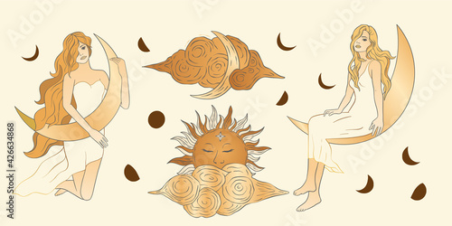Celestial feminine blonde girl lady sacred woman astrology boho esoteric golden art. Woman with moon and star poster set.